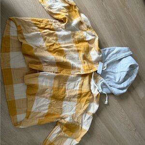 American Eagle Outfitters Mustard Plaid Shirt with Gray Hood